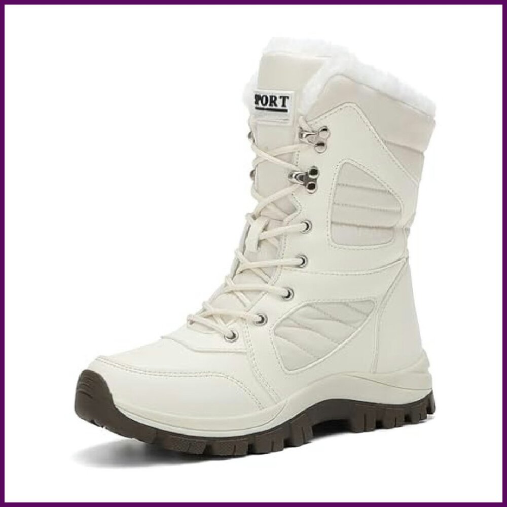 Waterproof Lace-Up Winter Snow Boots Warm Fur Lined Non-Slip Platform Mid-Calf
